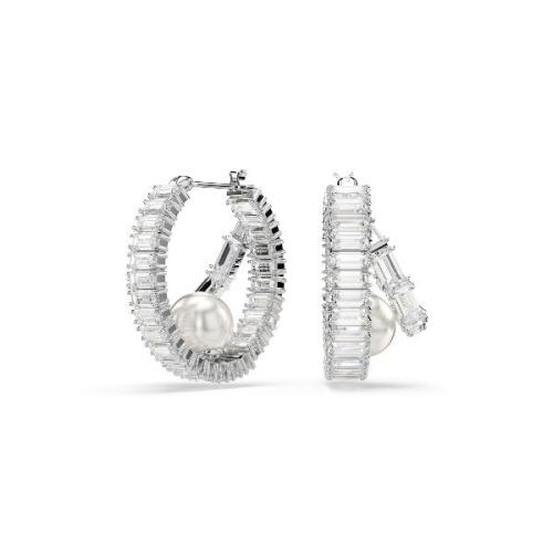 Hoop earrings, Crystal pearl, Baguette cut, White, Rhodium plated Ariana Grande x Swarovski Swarovski