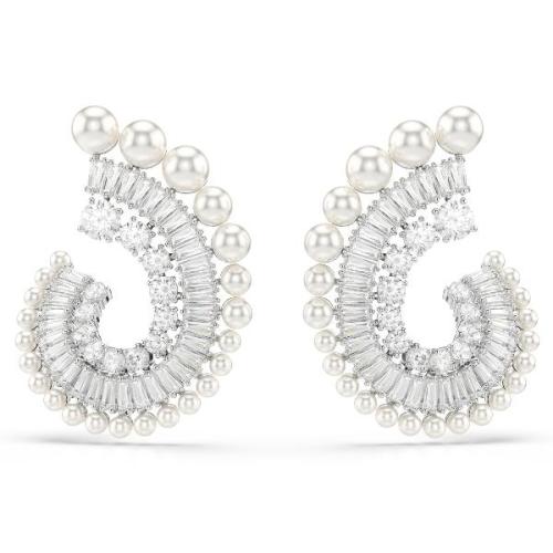 Drop earrings, Crystal Pearl, Mixed cuts, White, Rhodium plated