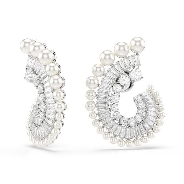 Drop earrings, Crystal Pearl, Mixed cuts, White, Rhodium plated Ariana Grande x Swarovski Swarovski 2