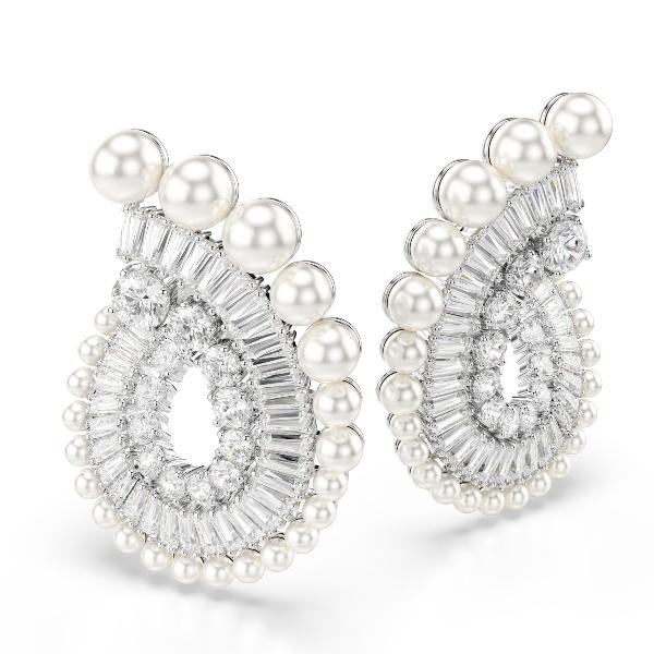 Drop earrings, Crystal Pearl, Mixed cuts, White, Rhodium plated Ariana Grande x Swarovski Swarovski 3