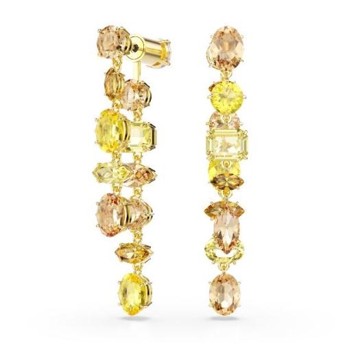 Drop earrings, Asymmetrical design, Mixed cuts, Long, Yellow, Gold-tone plated