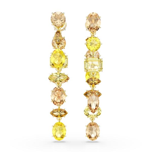 Drop earrings, Asymmetrical design, Mixed cuts, Long, Yellow, Gold-tone plated Gema Swarovski 3