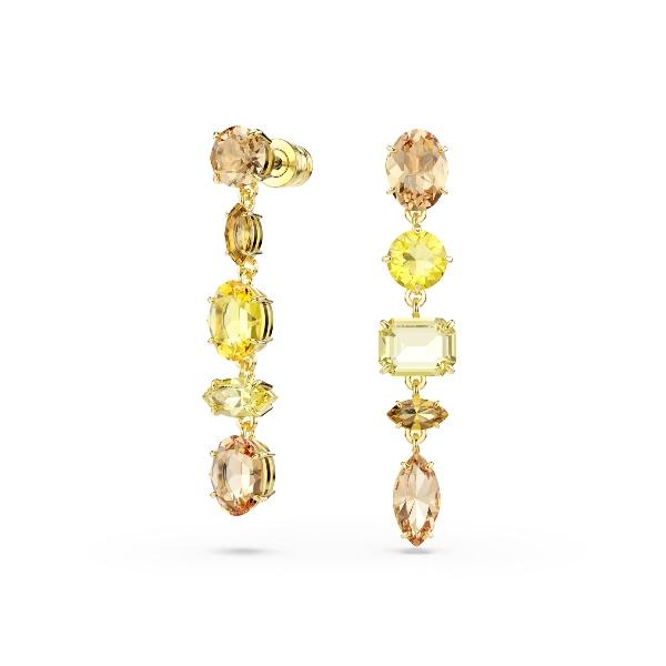 Drop earrings, Asymmetrical design, Mixed cuts, Long, Yellow, Gold-tone plated Gema Swarovski 4