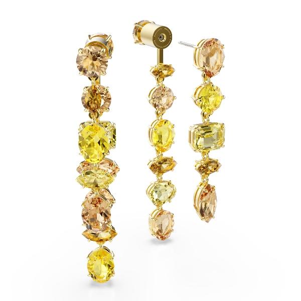 Drop earrings, Asymmetrical design, Mixed cuts, Long, Yellow, Gold-tone plated Gema Swarovski 5