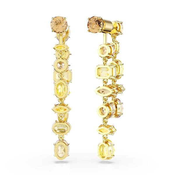 Drop earrings, Asymmetrical design, Mixed cuts, Long, Yellow, Gold-tone plated Gema Swarovski 6