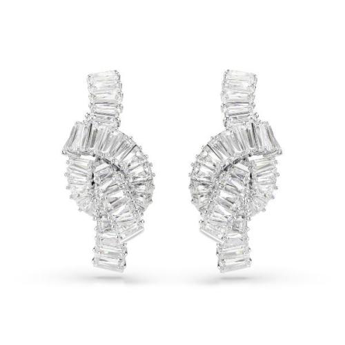 Auskari, Bagetes griezuma kristāli, mezgls, Balts, Rodija pārklājums Matrix Swarovski