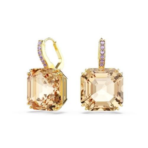 Drop earrings, Mixed cuts, Caramel, Gold-tone plated