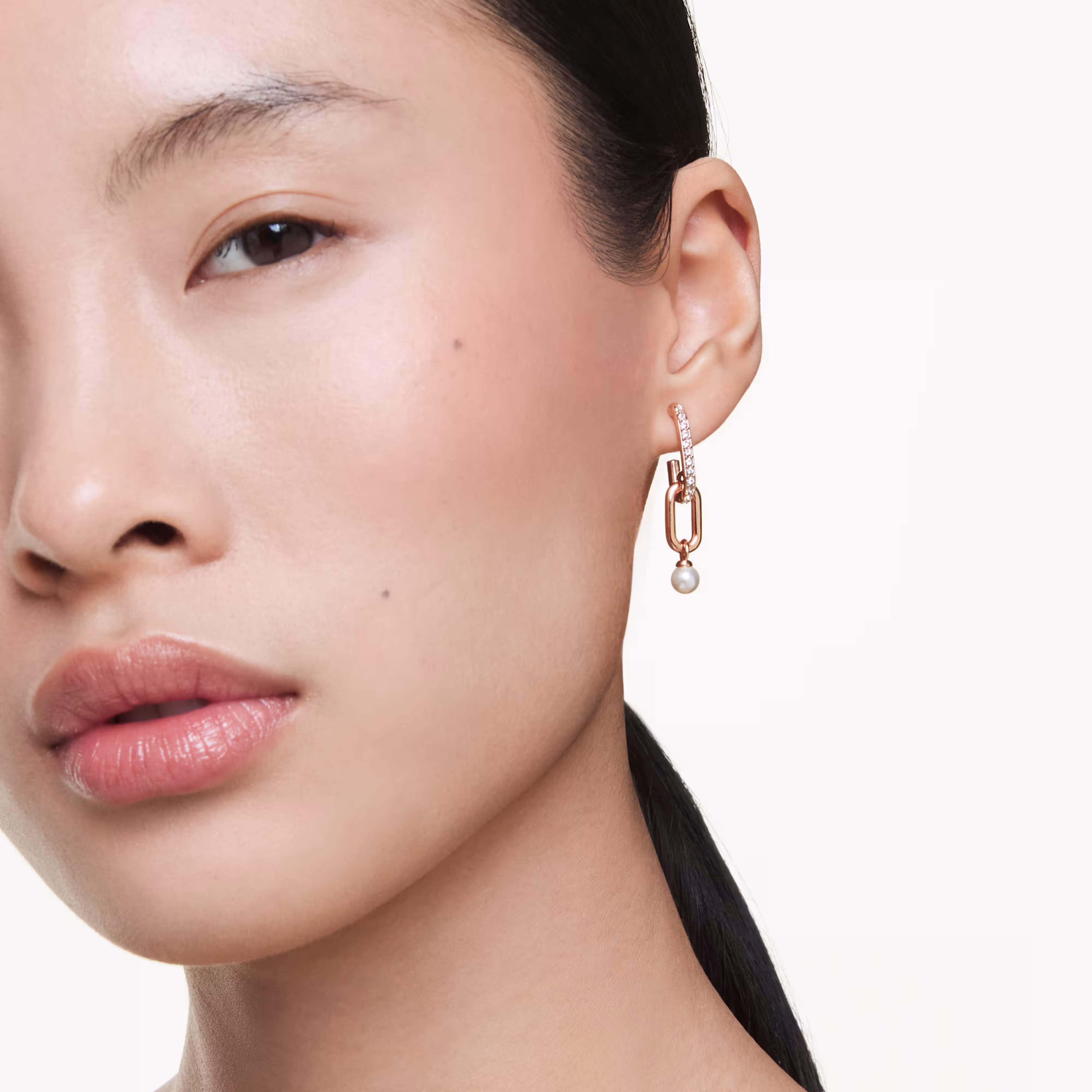 Drop earrings, Crystal pearl, Round cut, White, Rose gold-tone plated Constella Swarovski 5