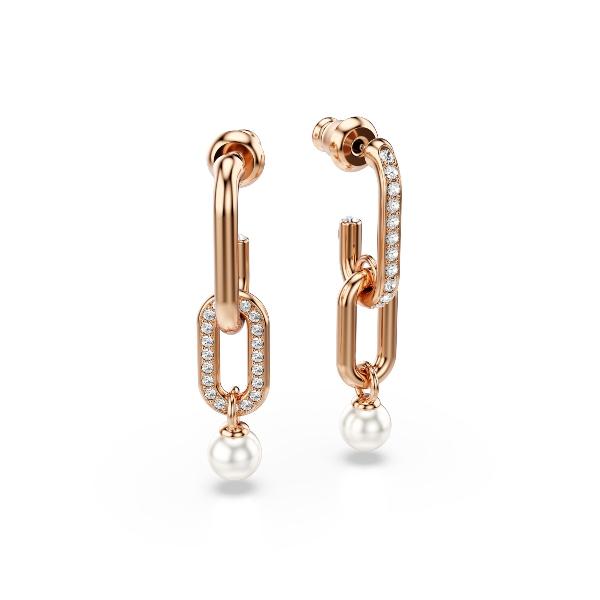 Drop earrings, Crystal pearl, Round cut, White, Rose gold-tone plated Constella Swarovski 4