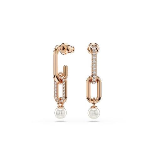 Drop earrings, Crystal pearl, Round cut, White, Rose gold-tone plated