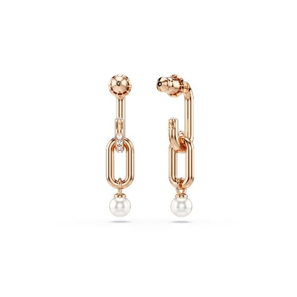 Drop earrings, Crystal pearl, Round cut, White, Rose gold-tone plated Constella Swarovski 3