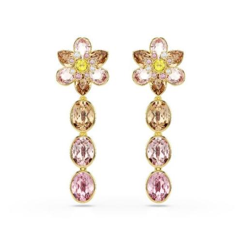 Drop earrings, Mixed cuts, Flower, Multicolored, Gold-tone plated Idyllia Swarovski