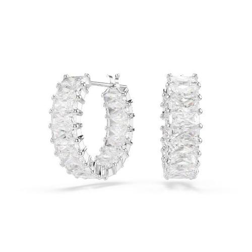 Hoop earrings, Baguette cut, White, Rhodium plated Matrix Swarovski