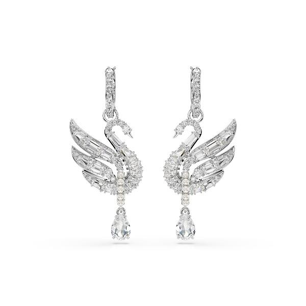 Earrings, Swan, White, Rhodium plated Swan Swarovski 3