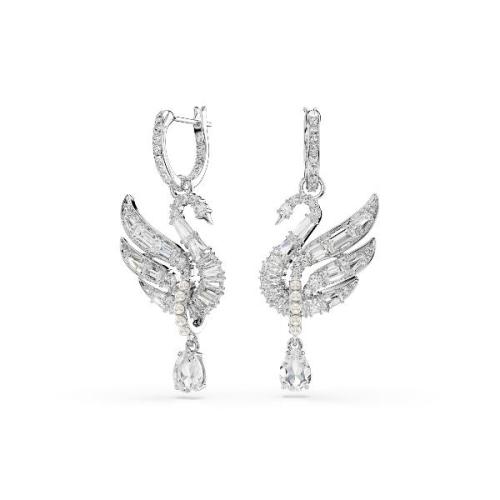 Earrings, Swan, White, Rhodium plated