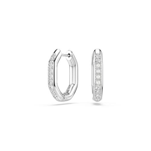 Hoop earrings, Octagon shape, Round cut, White, Rhodium plated Dextera Swarovski
