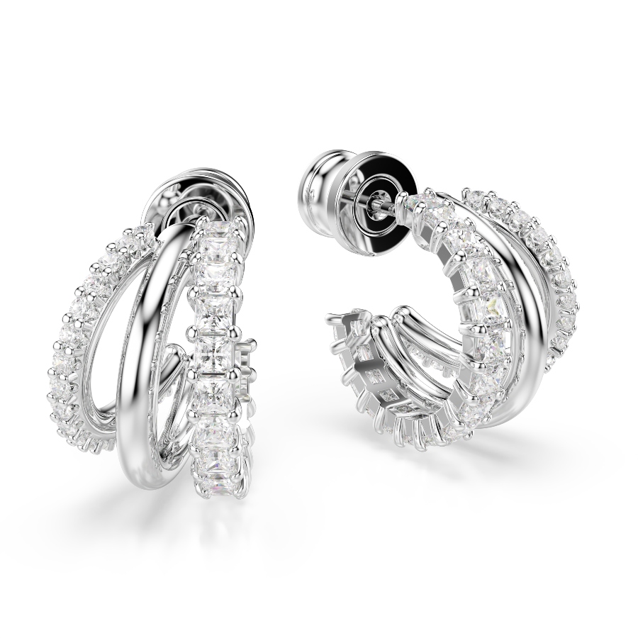 Hoop earrings, Round cut, White, Rhodium plated Hyperbola Swarovski 3