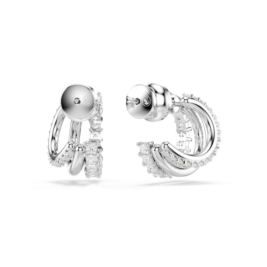 Hoop earrings, Round cut, White, Rhodium plated Hyperbola Swarovski 4