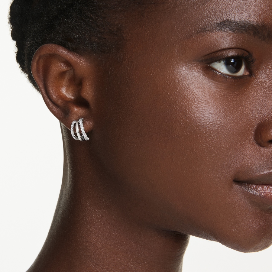 Hoop earrings, Round cut, White, Rhodium plated Hyperbola Swarovski 5