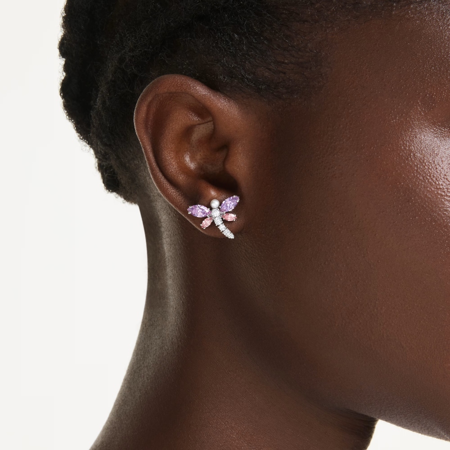 Stud earrings, Mixed cuts, Dragonfly, Multicolored, Rhodium plated Ariana Grande x Swarovski Swarovski 5