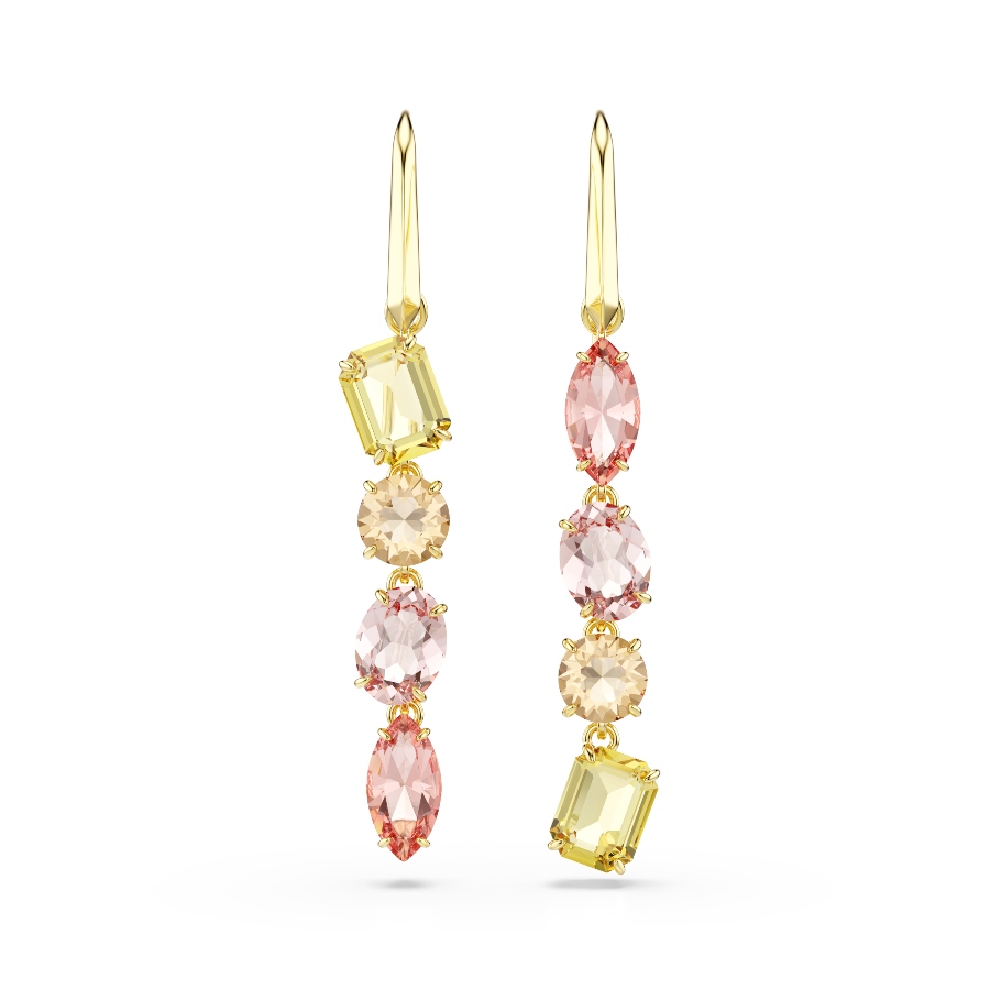 Drop earrings, Asymmetrical design, Mixed cuts, Pink, Gold-tone plated Gema Swarovski 2