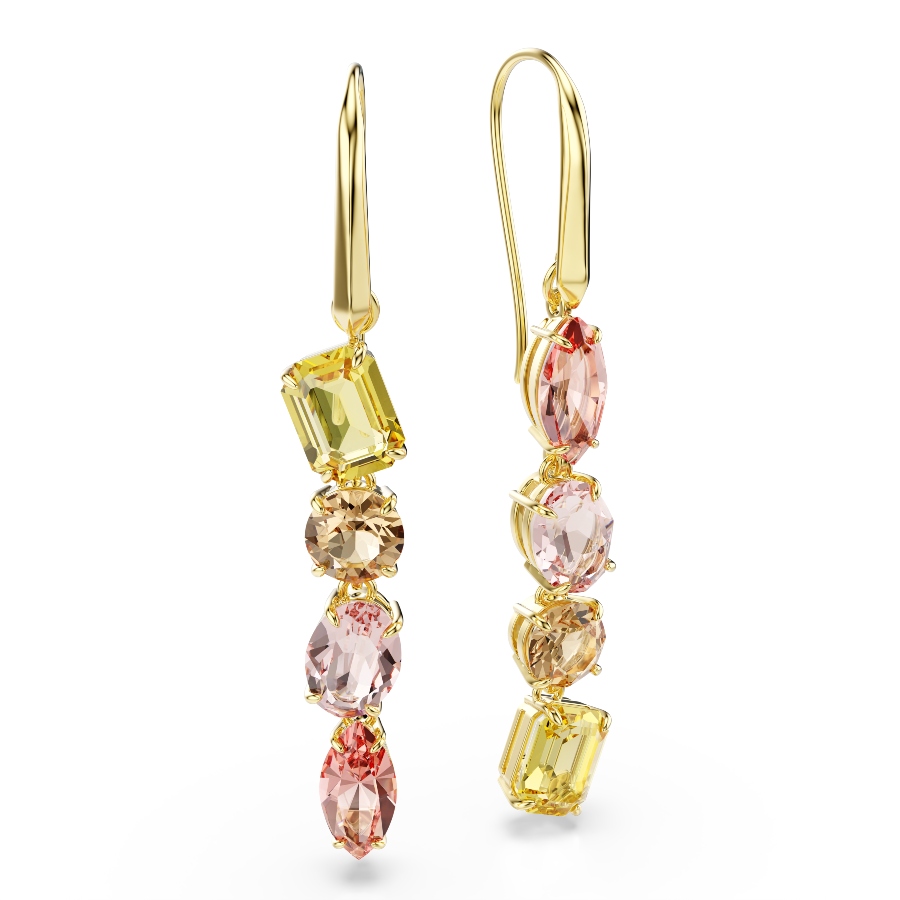 Drop earrings, Asymmetrical design, Mixed cuts, Pink, Gold-tone plated Gema Swarovski 3