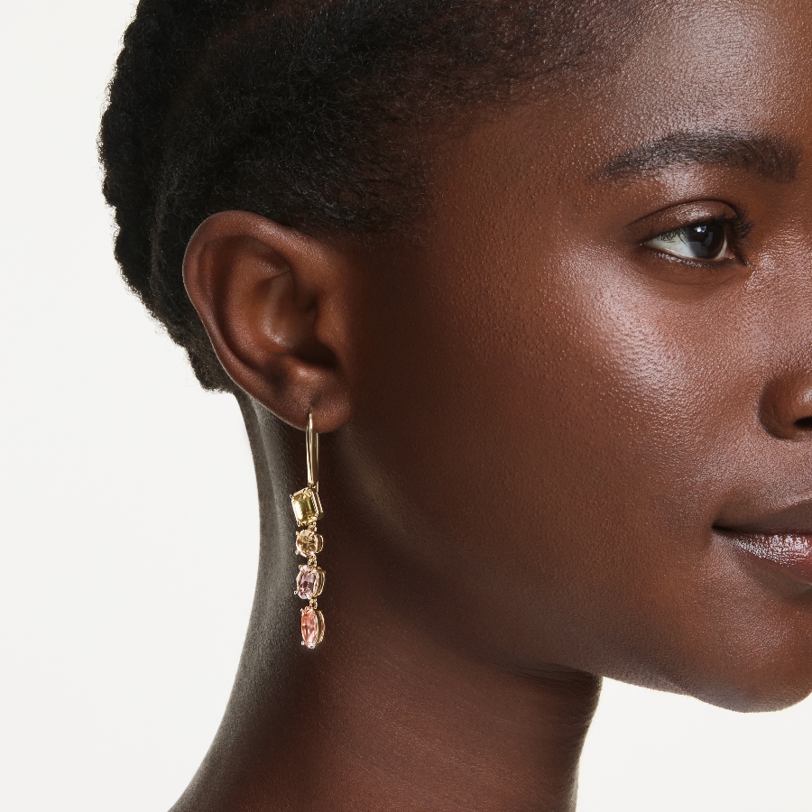 Drop earrings, Asymmetrical design, Mixed cuts, Pink, Gold-tone plated Gema Swarovski 5
