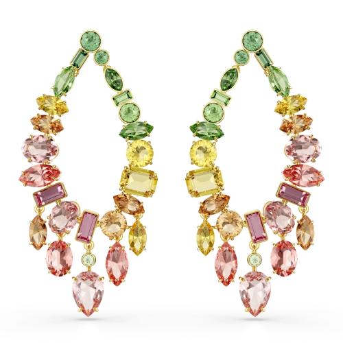 Drop earrings, Mixed cuts, Chandelier, Multicolored, Gold-tone plated