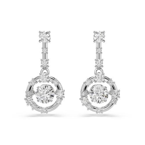 Drop earrings, Round cut, Dancing stone, White, Rhodium plated
