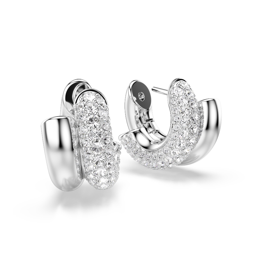 Hoop earrings, Round cut, White, Rhodium plated Dextera Swarovski 3