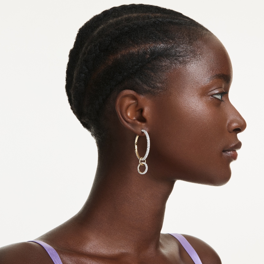 Hoop earrings, Round cut, White, Gold-tone plated Dextera Swarovski 5