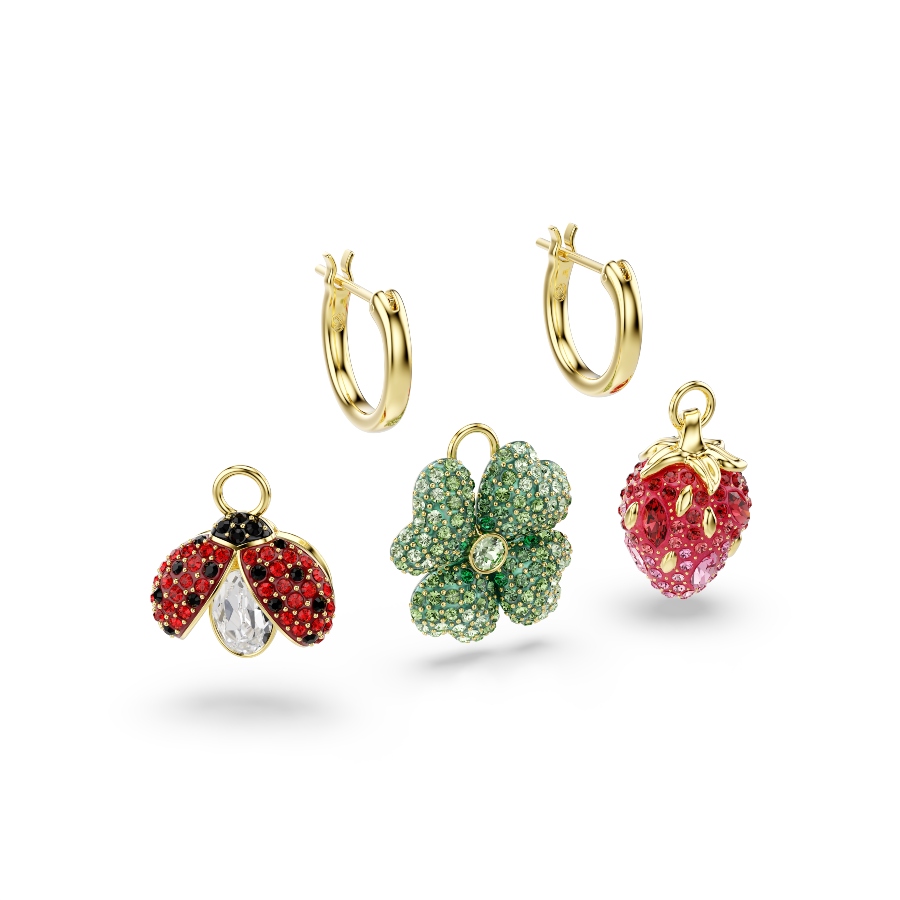 Drop earrings, Set (3), Ladybug, Clover, Strawberry, Multicolored, Gold-tone plated Idyllia Swarovski 4