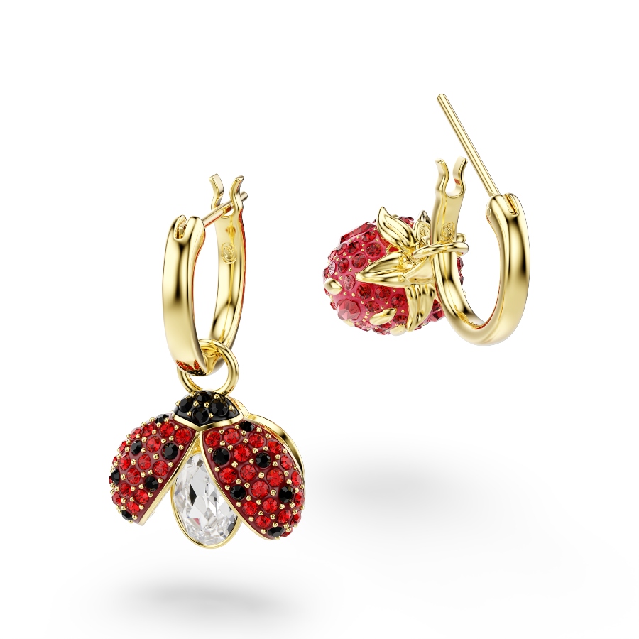 Drop earrings, Set (3), Ladybug, Clover, Strawberry, Multicolored, Gold-tone plated Idyllia Swarovski 5