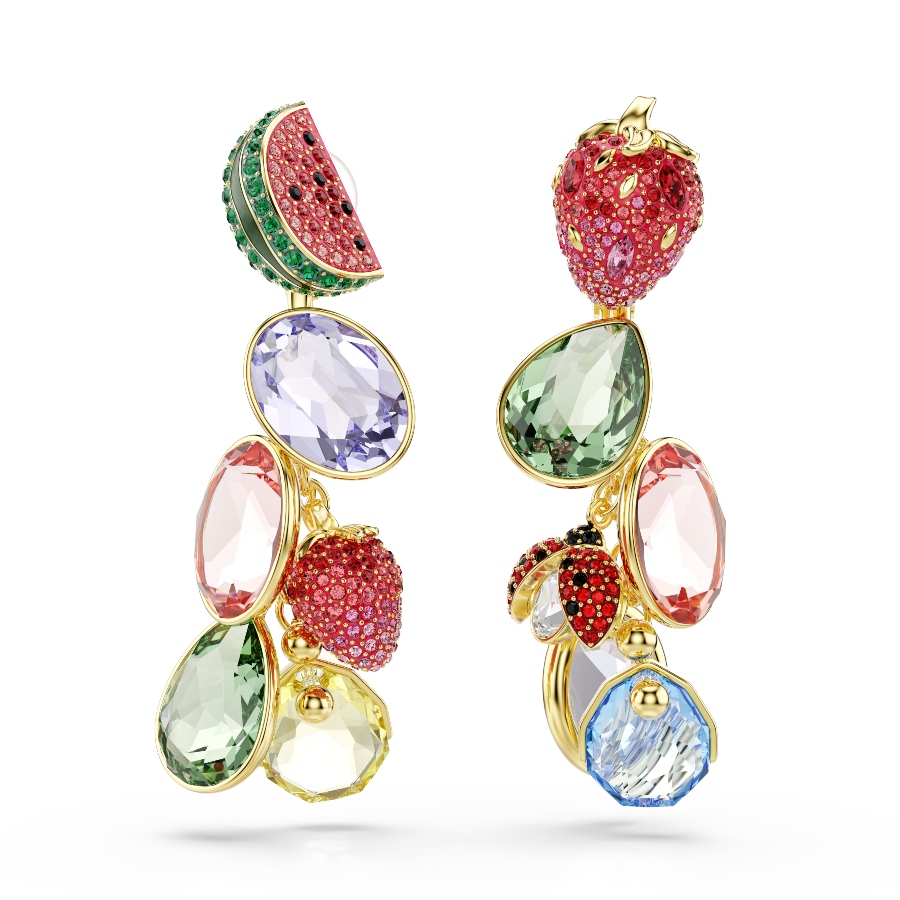Clip earrings, Mixed cuts, Fruit, Ladybug, Multicolored, Gold-tone plated Idyllia Swarovski 2