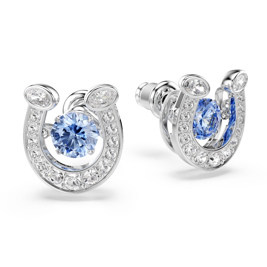 Stud earrings, Round cut, Pavé, Horse shoe, Blue, Rhodium plated Symbolic Swarovski 3