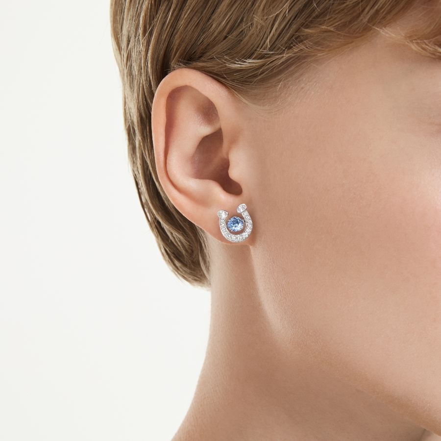 Stud earrings, Round cut, Pavé, Horse shoe, Blue, Rhodium plated Symbolic Swarovski 5