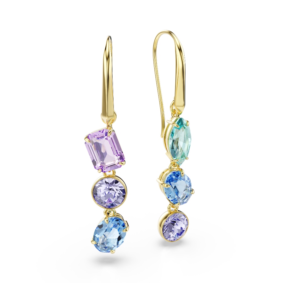 Drop earrings, Asymmetrical design, Mixed cuts, Multicolored, Gold-tone plated Gema Swarovski 3