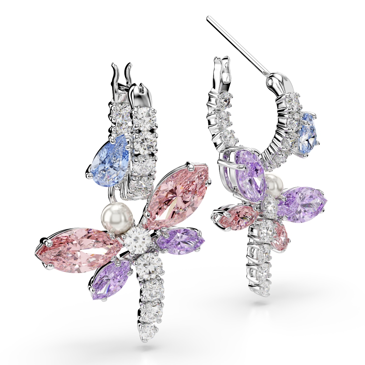 Drop earrings, Mixed cuts, Dragonfly, Multicolored, Rhodium plated Ariana Grande x Swarovski Swarovski 3