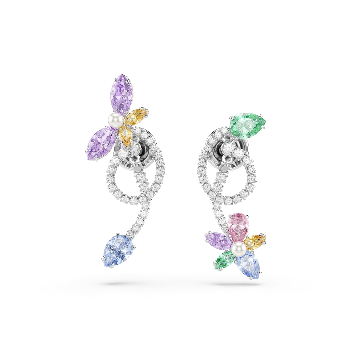 Drop earrings with ear jacket, Mixed cuts, Dragonfly, Flower, Multicolored, Rhodium plated Ariana Grande x Swarovski Swarovski 2