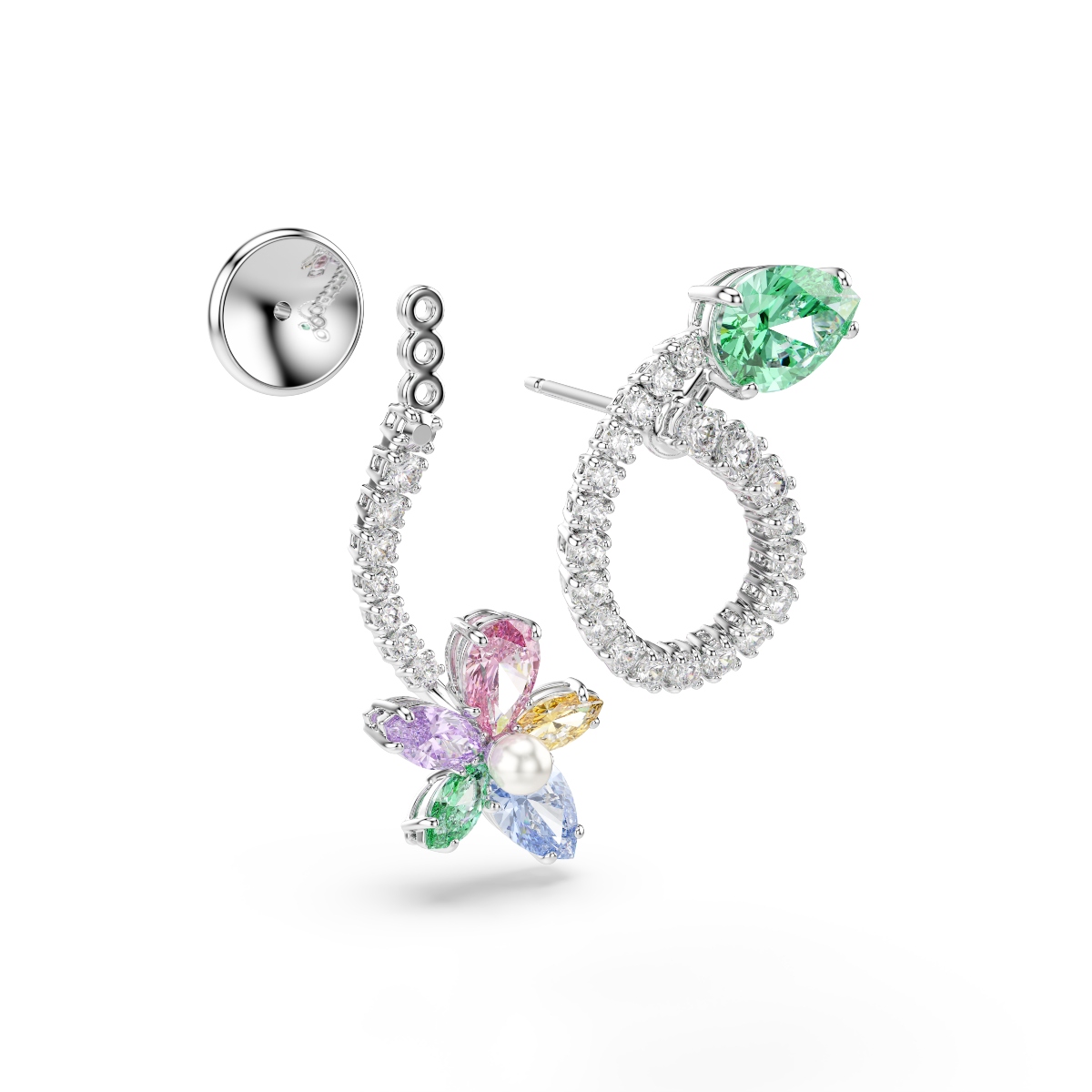 Drop earrings with ear jacket, Mixed cuts, Dragonfly, Flower, Multicolored, Rhodium plated Ariana Grande x Swarovski Swarovski 3