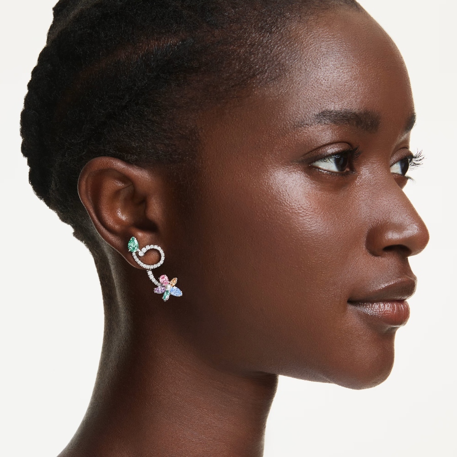 Drop earrings with ear jacket, Mixed cuts, Dragonfly, Flower, Multicolored, Rhodium plated Ariana Grande x Swarovski Swarovski 5