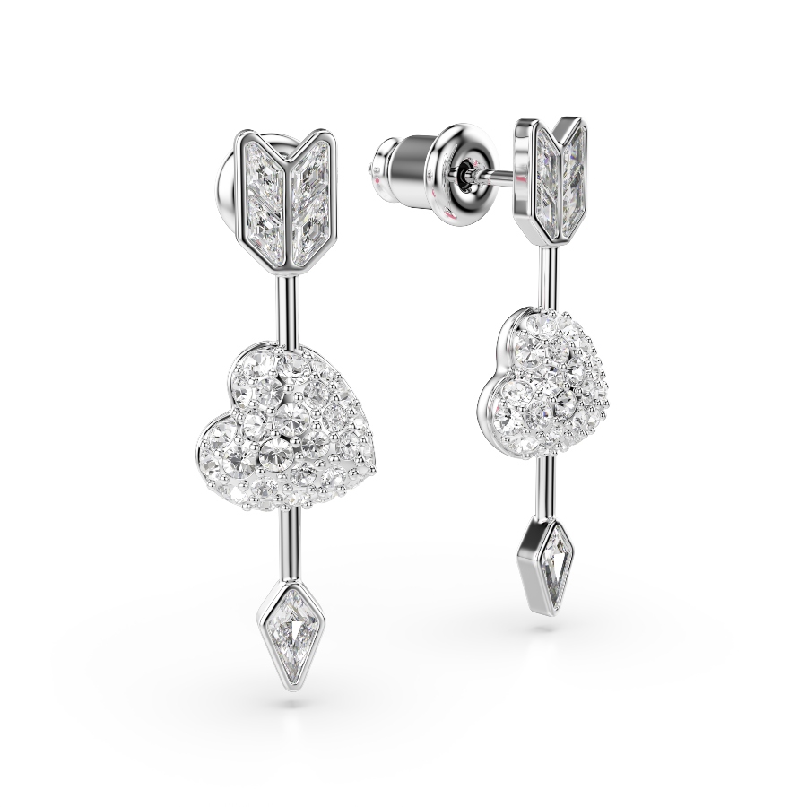 Drop earrings, Mixed cuts, Heart with arrow, White, Rhodium plated Idyllia Swarovski 3