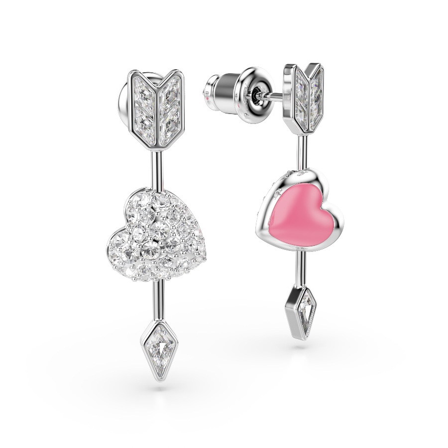 Drop earrings, Mixed cuts, Heart with arrow, White, Rhodium plated Idyllia Swarovski 5
