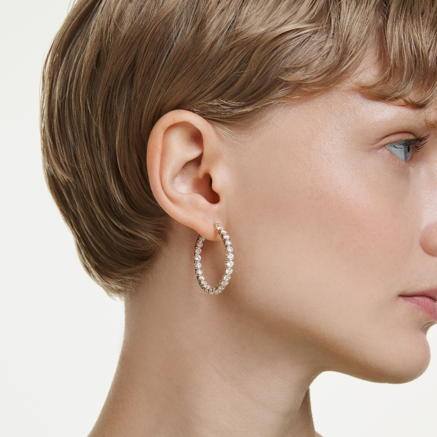 Hoop earrings, Round cut, White, Gold-tone plated Matrix Swarovski 5