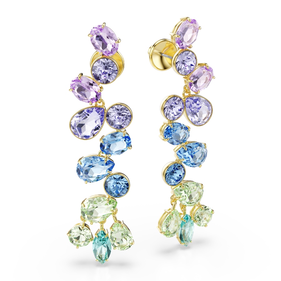 Drop earrings, Mixed cuts, Chandelier, Long, Multicolored, Gold-tone plated Gema Swarovski 3