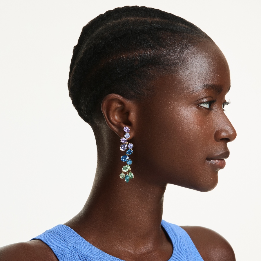 Drop earrings, Mixed cuts, Chandelier, Long, Multicolored, Gold-tone plated Gema Swarovski 5
