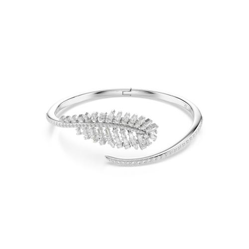 Bangle, Mixed cuts, Feather, White, Rhodium plated