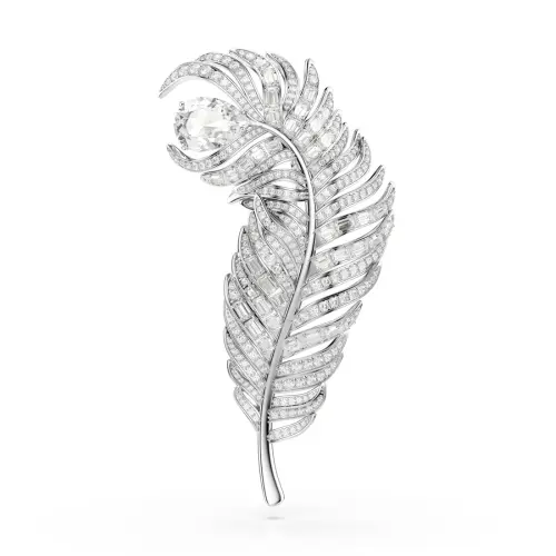 Brooch, Mixed cuts, Feather, White, Rhodium plated Vienna Swarovski