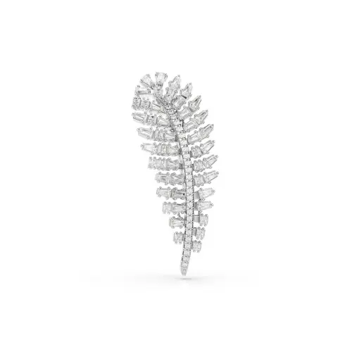 Brooch, Mixed cuts, Feather, White, Rhodium plated Vienna Swarovski