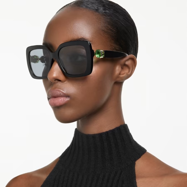 Sunglasses, Oversized, Square shape, Black Lucent Swarovski 4